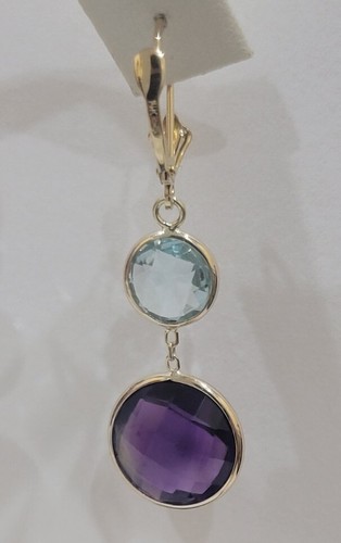 14k Yellow Gold Earrings With Genuine Multi-colored Leverback - Picture 4 of 5