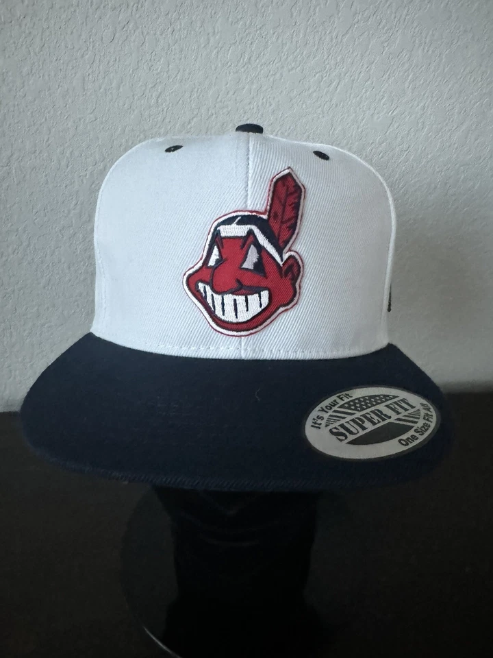 RETRO THROWBACK CLASSIC CHIEF WAHOO LOGO INDIANS WHITE & NAVY BLUE SNAPBACK HAT - Image 2 of 4