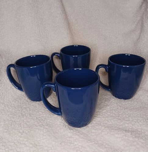 Corelle Stoneware Mugs Blue Set of 4 Navy Coffee Tea Cup Vintage 