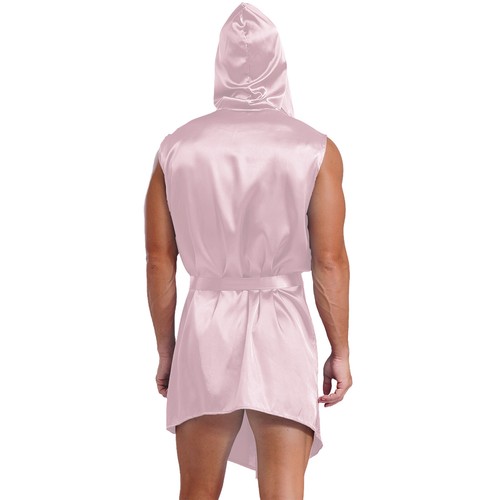 Men's Hooded Bathrobes Silky Satin Open Front Kimono Robe with Belts Loungewears - Picture 39 of 63
