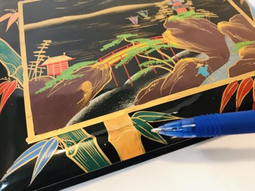 RARE Black Lacquer Scrapbook Photo Album Hand Painted Inlaid Shell Asian EUC - Picture 3 of 10