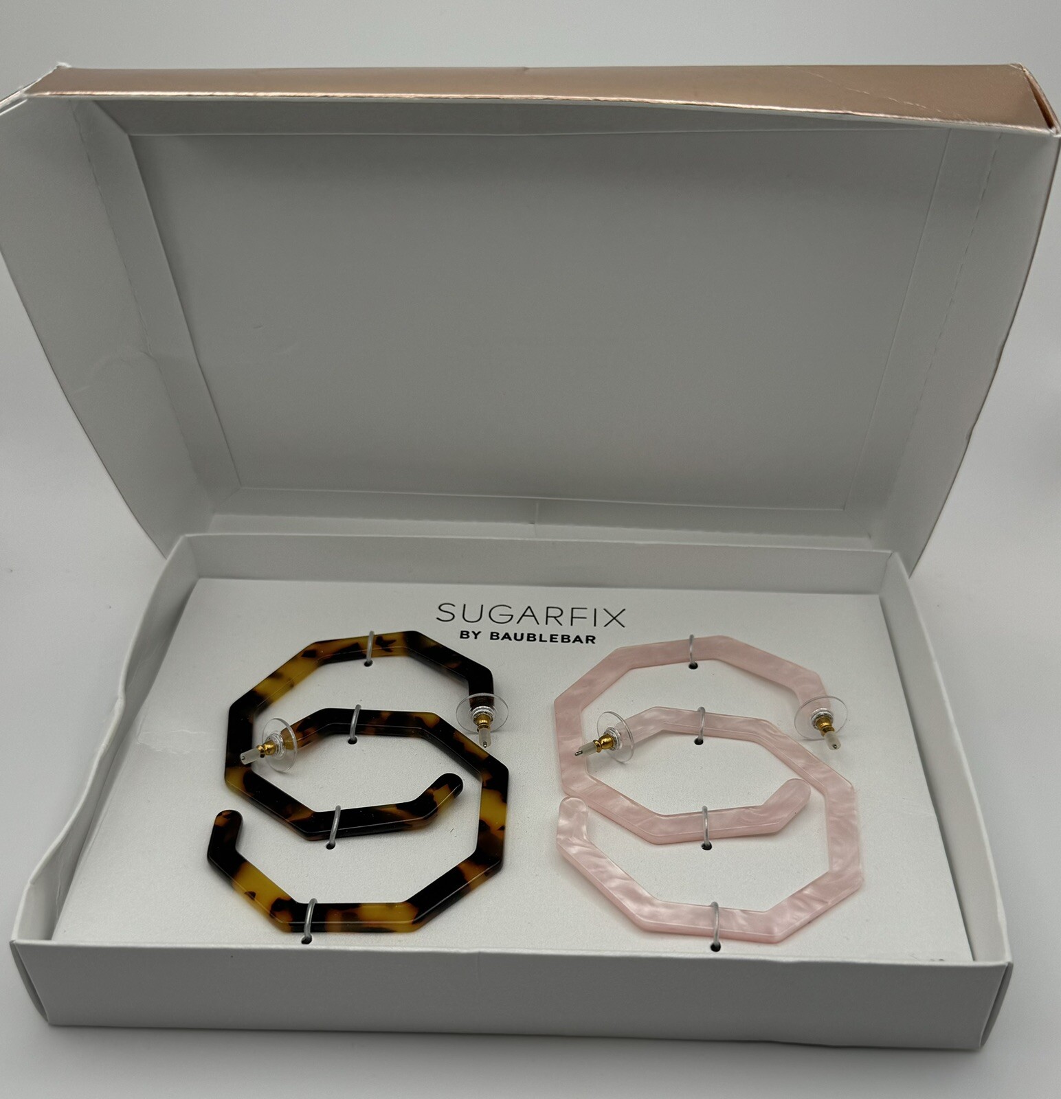Sugar Fix Octagon Hoop Earrings in Pink Iridescent & Tortoise