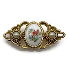 Floral Motif Faux Pearl Cabochon Brooch 1928 Brand Gold Tone Openwork Porcelain