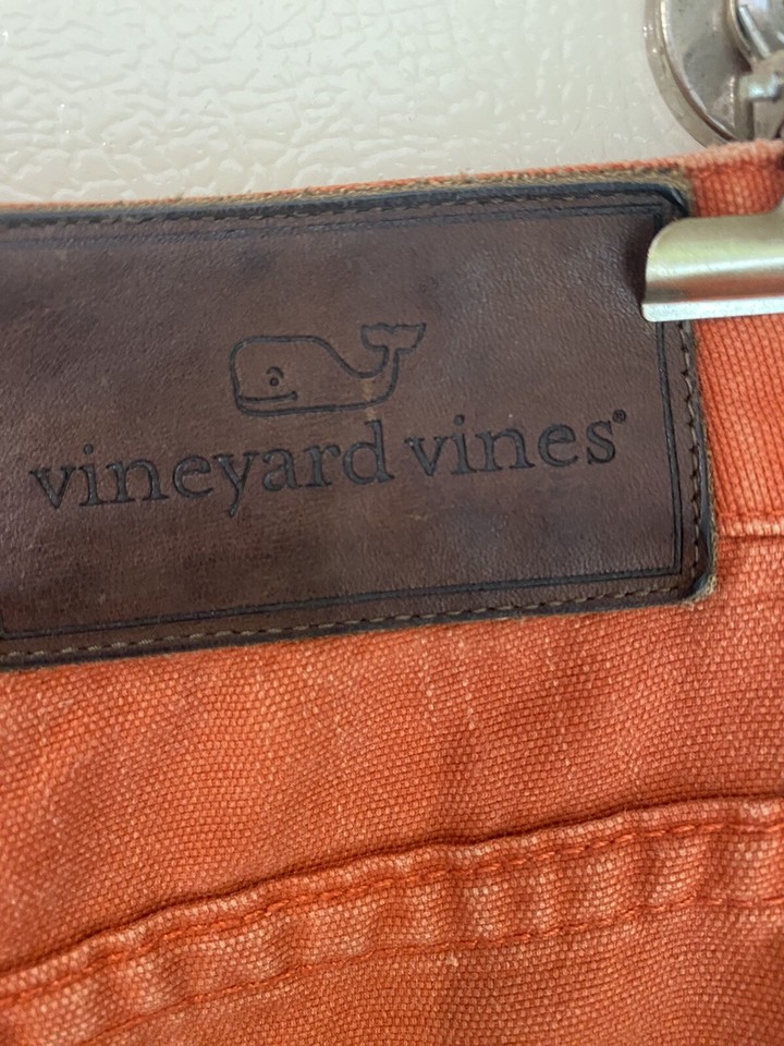Vineyard Vine Mens Jeans 33x32 Retro Orange Straight Leg Leather Patch
