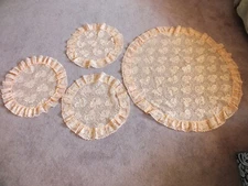 Collectible Beautiful Lace Doily Table Linen Set 4 Peach Ruffled Trim 34" & 17" 