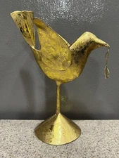 Vtg Gold Flaked Metal Bird Candle Holder 7” Round Cone Base Unique Rare Find