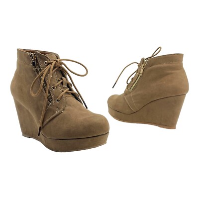 JUSTFAB Womens 6.5 Faux Suede OFELIA Wedge Ankle Booties Tie Front Zip BIEGE