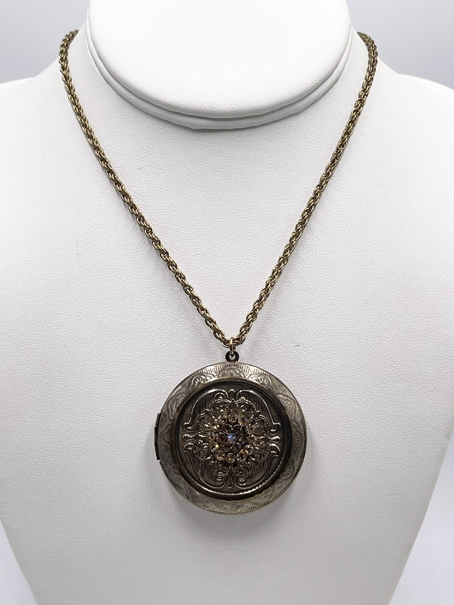 Necklace VCLM Makers Mark Long Locket Gold Tone Rhinestones Caramel  Champagne