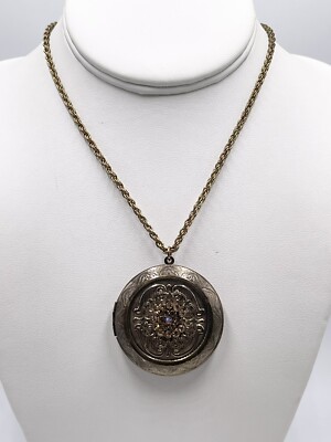 Necklace VCLM Makers Mark Long Locket Gold Tone Rhinestones Caramel  Champagne