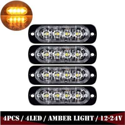4x 4-LED Amber Flashing Recovery Strobe Car Emergency Light Grill Breakdown 12V