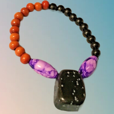Snowflake Obsidian & Wooden Beaded Bracelet 7in/17.5cm Gift Hand Made OOK J860