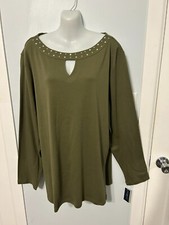 NWT Karen Scott Winter Moss Keyhole Studded Top with Long Sleeve    Size XXL