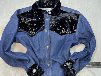 Vtg Denim Black Velvet Button Up Women s Western Long Sleeve Floral Pear snap