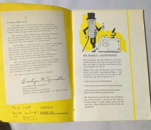 1970 VINTAGE PLANTER’S MR. PEANUT'S GUIDE TO NUTRITION BOOKLET EVELYN SPINDLER - Picture 3 of 3