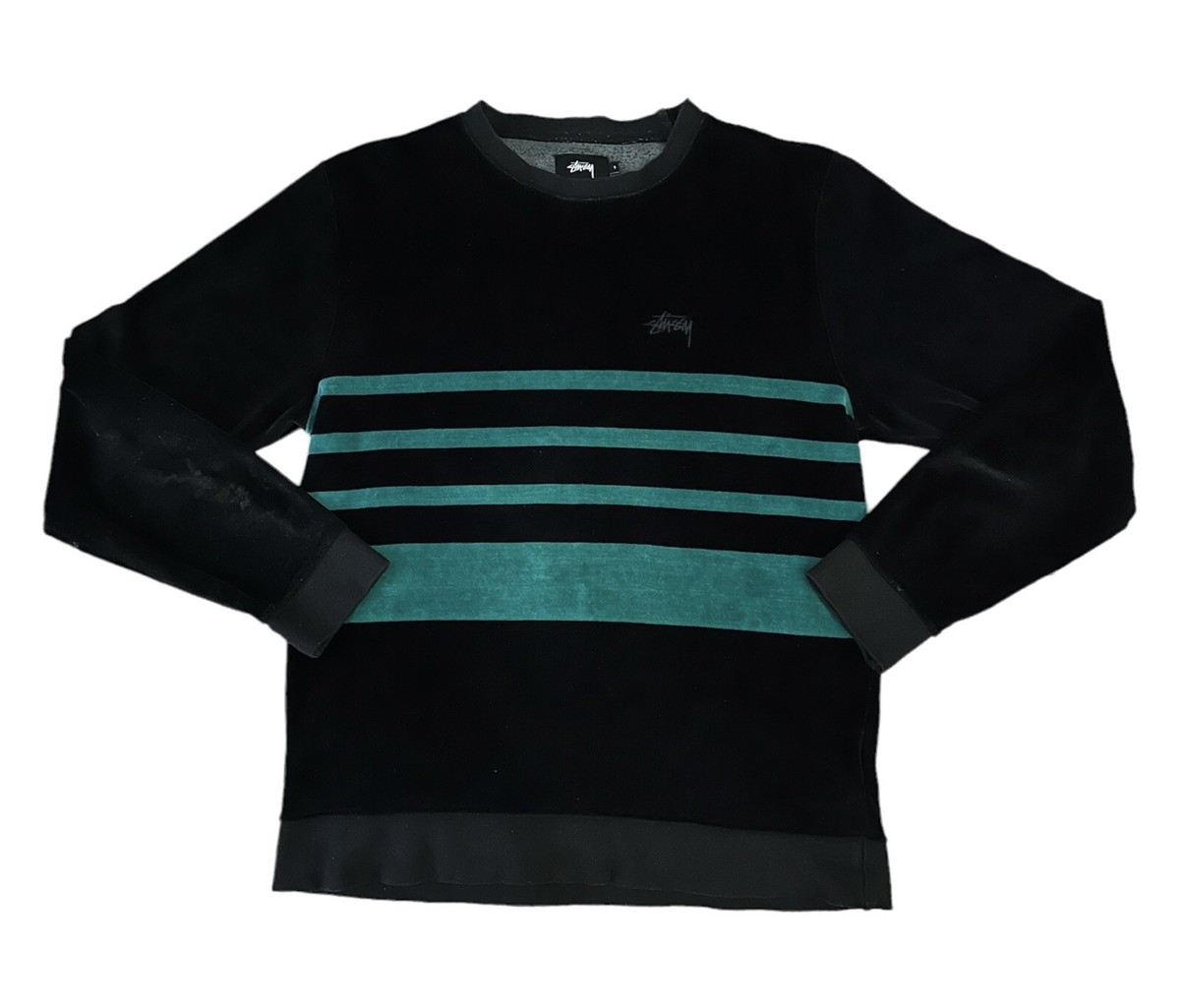 Stüssy Striped Velour Velvet Crew Neck Long Sleeve Shirt Black