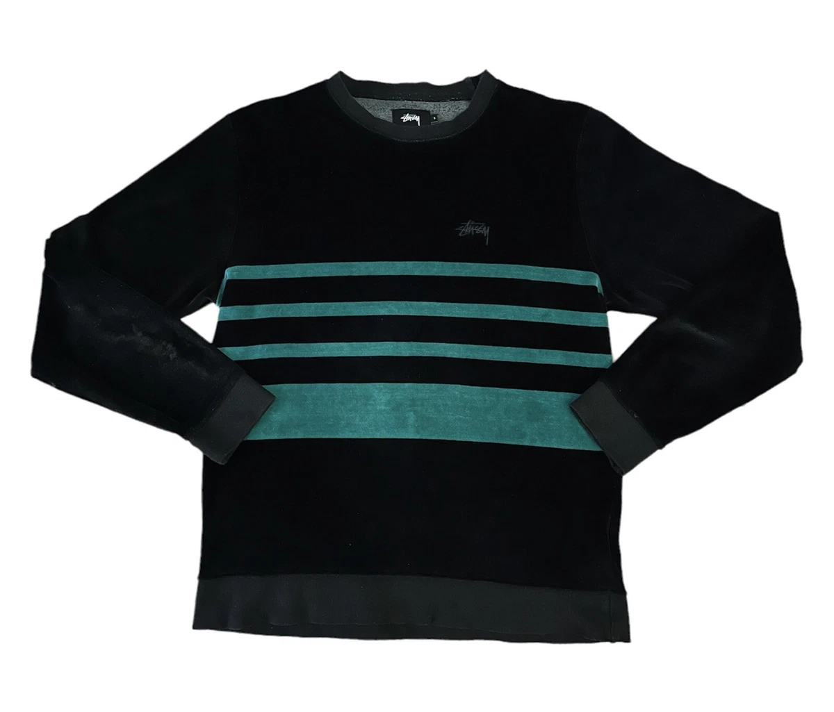 Stüssy Striped Velour Velvet Crew Neck Sleeve Shirt Black Teal Small eBay