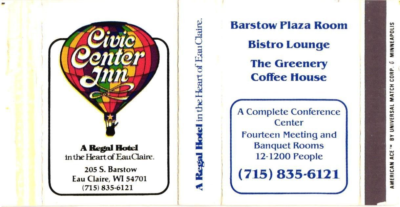 #ad Eau Claire Wisconsin Civic Center Inn A Regal Hotel Vintage Matchbook Cover $9.99