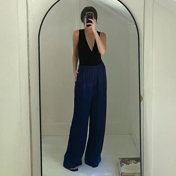 ALTRA & altre storie pantaloni jacquard raso raso gambe larghe nuovi con etichette blu navy taglia 6 $79