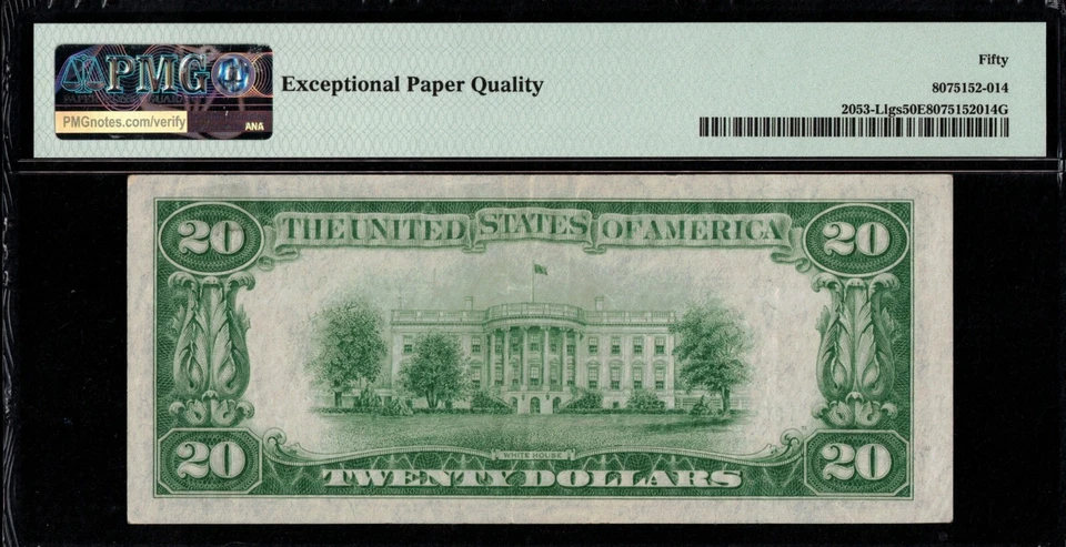 1928C $20 FRN L16249241A P.M.G #50EPQ - Image 2 of 3