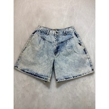 Vintage Acid Wash Denim Pleated Shorts Women's High Waisted Light Blue Jean