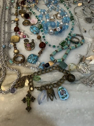 1lb4.2 Beach Costume Jewelry Lot Vintage to Now, Wear,resale,craft Two 925 Items