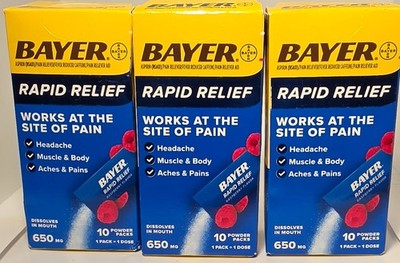 Bayer Rapid Relief 650mg, ( 3 )  10 Powder Packs Raspberry Flavor-30-Total *READ