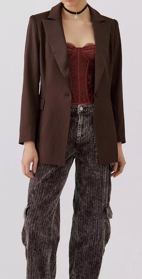 Rare London Satin-Trim Tuxedo Blazer Brown Women’s Size Medium/6 NWT