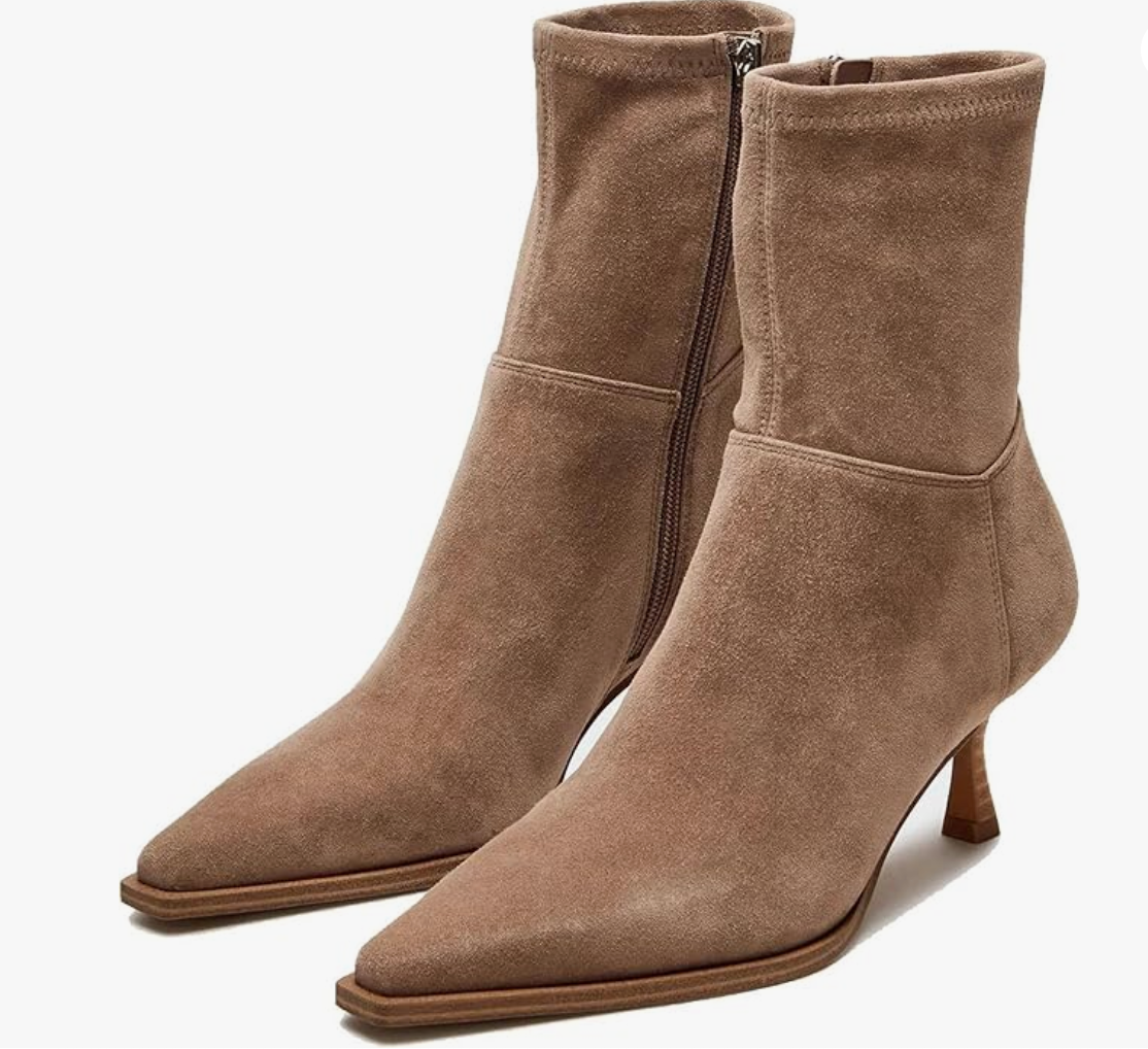Womens Brown Suede Fall Boots with Side Zip, Ankle, Mid Calf, Pointed Toe