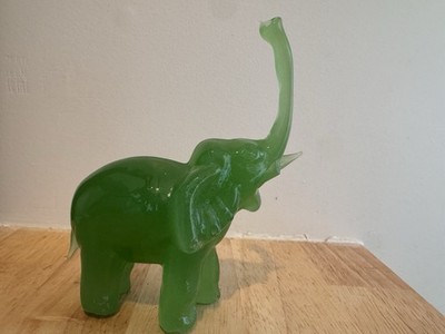 Vintage Green Jade Glass Elephant With Long Trunk Facing Up