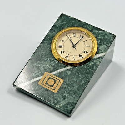 Vintage Desk Clock Green Marble Stone Gold Tone Roman Numeral Mantel Shelf Decor