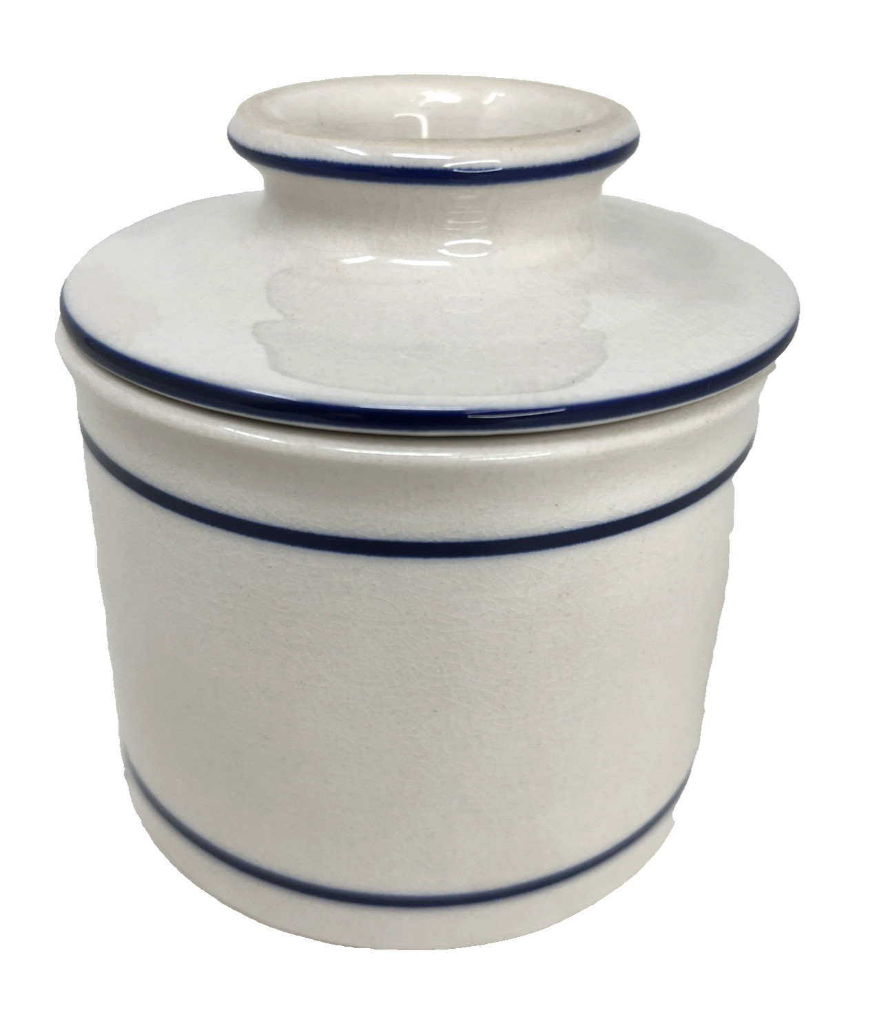 French Country White Blue Butter Bell Keeper Crock Stoneware Pottery Vintage