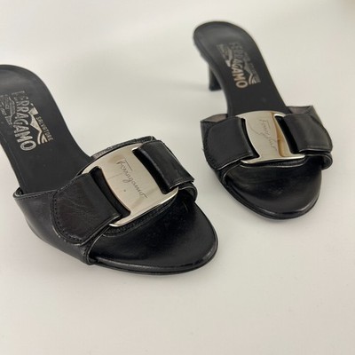 Ferragamo | Auth Black Leather Silver Logo Buckle Slide 