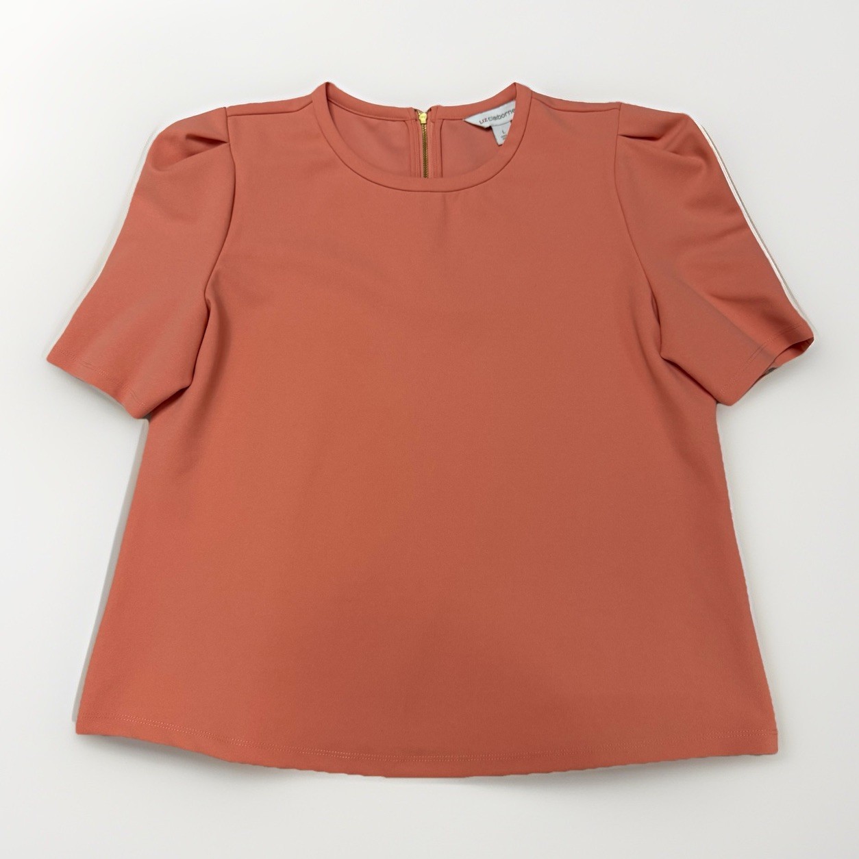 Liz Claiborne Size L Coral Color Zip Up Blouse Puff Sleeve Flowy Wrinkle Resis