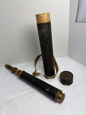 Antique Brass Spyglass Telescope w/ Leather Case Decor Prop AS-IS