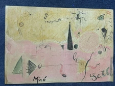 joan miro drawing and painting on old paper signed stamped vintage