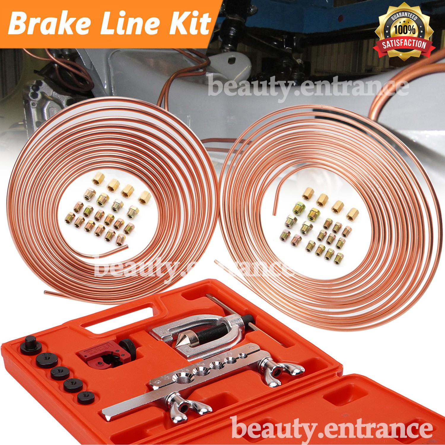 New 25ft 3/16 + 1/4 Copper Coated Brake Line & Double & Single Flaring Tool Kit