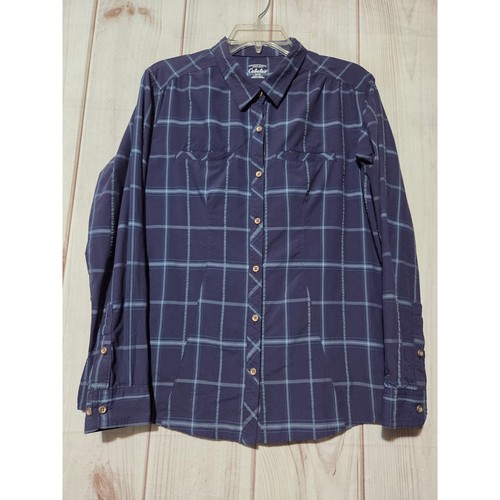 Cabelas Womens Navy Blue Plaid Nylon Long Sleeve Button Down Shirt Size Medium