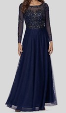 Xscape Women’s Navy Blue Tulle Embellished Bodice Sheer Illusion Gown, Size 8