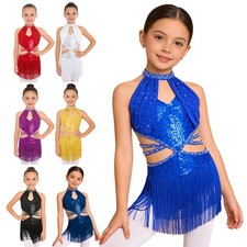 US Girl Cutout Waist Tassel Latin Dance Dress Skirted Leotard Ballroom Dancewear