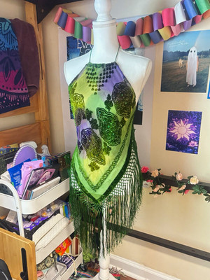 Velvet Sheer Green & Purple Beaded Fringe Halter Belly Dance Scarf Wrap Paisley