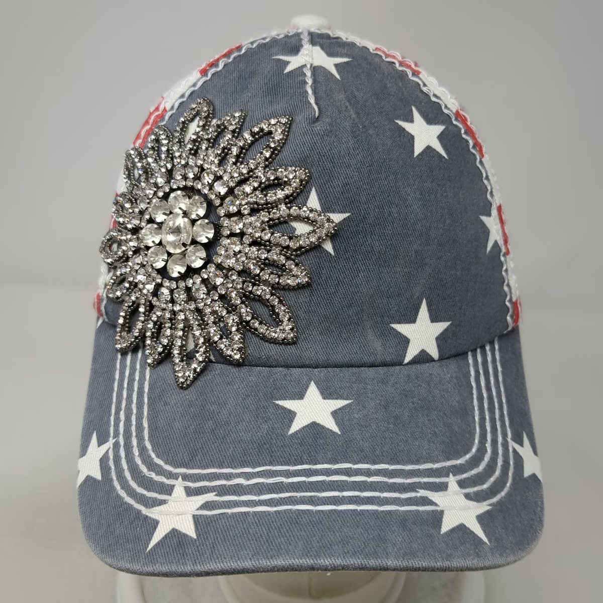 Olive & Pique 5 Panel Blue One Size Rhinestone Sunflower American Flag Hat View 2