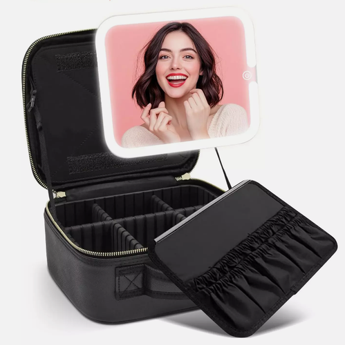 Travel Makeup Bag with LED Mirror 3 Color Adjustable Cosmetic Case Organizer - Picture 3 of 13