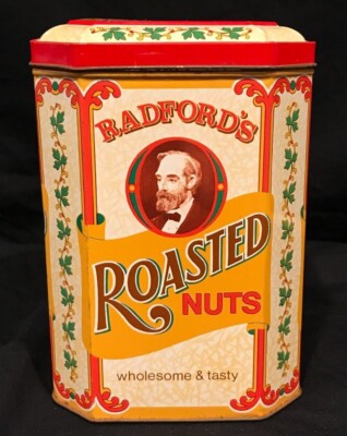 Bradford's Roasted Nuts Metal Tin Can Hinged Lidded Box Vintage Advertising Ads