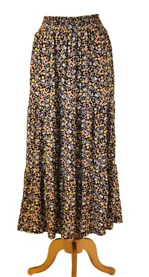QED London schwarz Blumen ausgestellt Sommer Rock elastische Taille One Size UK 12-16 neu