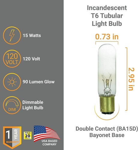 12Pack Tubular Light Bulbs, Frosted Tube Bulb, 15W, 2600K, 90LM, BA15D, 120V - Picture 6 of 6