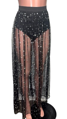 Windsor Sheer Black Silver Stars Maxi Skirt Nwt Festival Costume party M NWTS