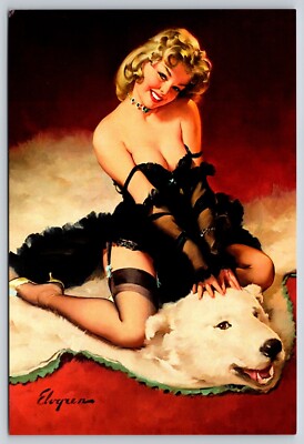 Postcard Blonde Female Pinup in Black Sexy Dress on Polar Bear Skin Rug