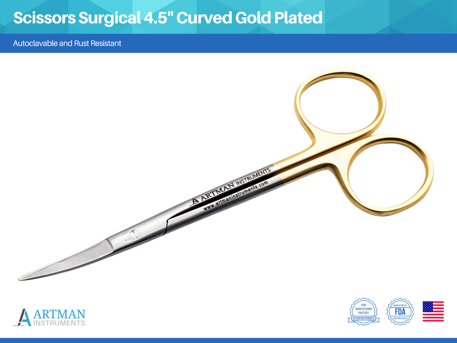 Scissors Surgical 4.5 inches Curved Gold Plated Handle ARTMAN-image