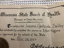 Vintage Wisconsin State Board of Health 1933 Infant Hygiene Certificate