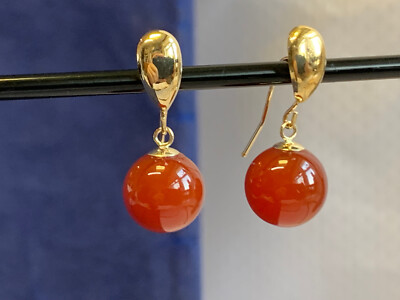14 Karat Gelbgold Karneol Ohrringe 3,48 g feiner Schmuck Kugel Hänger *LESEN*